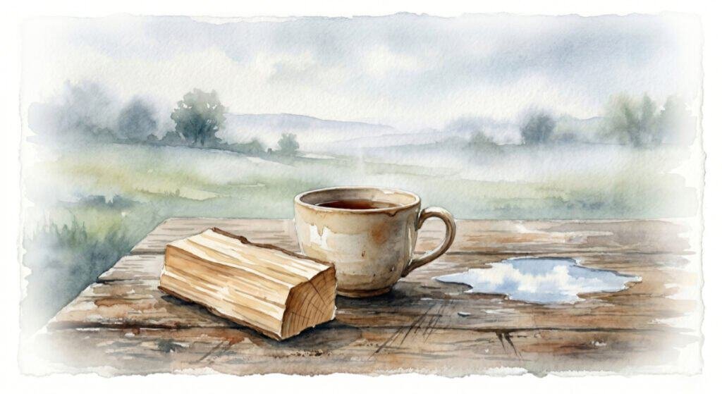 Watercolor of a rustic ceramic teacup resting on a weathered wooden table. Next to the cup is a freshly chopped piece of firewood and a small puddle of spilled water reflecting the sky.