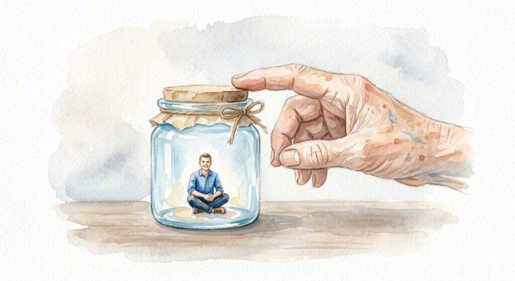 Watercolor of a small, clear glass jar, sealed tight. Inside, a very small, bright, defined miniature figure of a young man, frozen in time. The hand of an older hand is reaching out toward the jar.