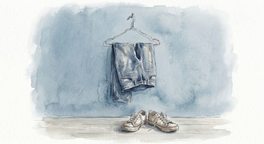Watercolor of a pair of faded blue jeans slung carelessly over a wire coat hanger hanging on a wall. Below, a simple pair of worn-out sneakers, symbolizing minimum dress standards.
