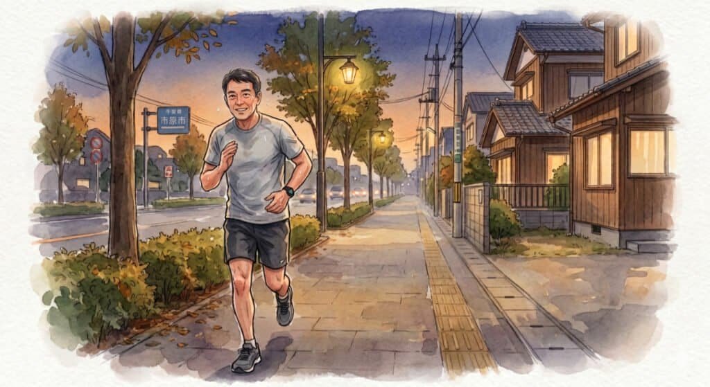 A watercolor illustration from a first-person perspective, looking down a quiet evening sidewalk. A jogger is approaching the viewer's direction, physically making an effort and sweating. The jogger is raising one hand slightly and nodding, acknowledging a greeting from the viewer.