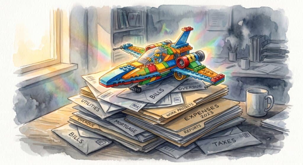 Watercolor illustration showing a colorful Lego spaceship resting on top of a messy stack of dull, grey envelopes (bills) and manila work folders, representing the clash of passion and joy against routine and adult responsibility. Why are we here? Play like kids or toil like adults?