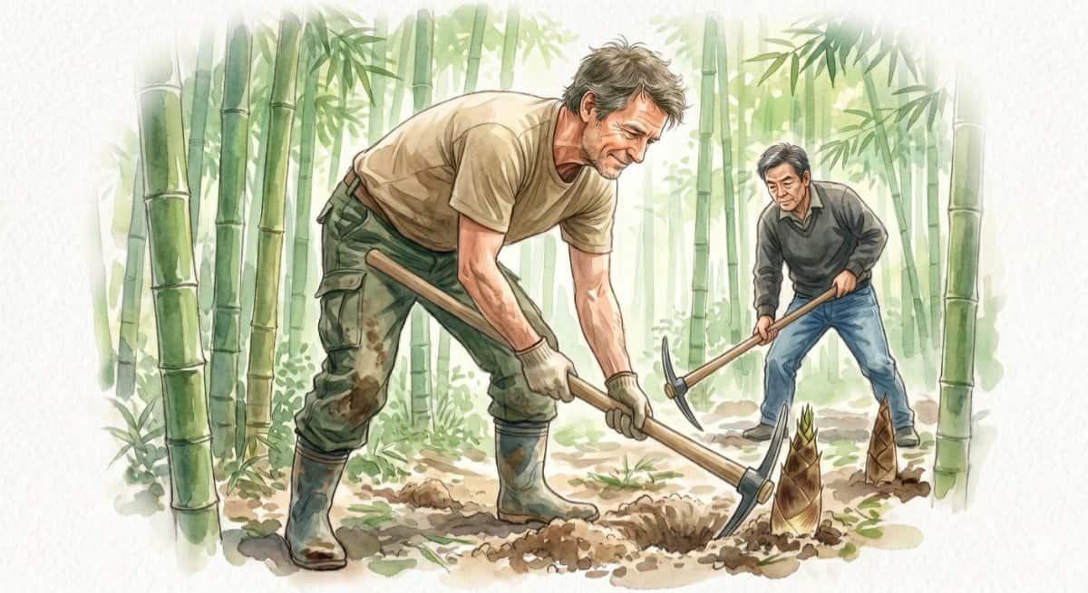 Watercolor image of OldDogZeroTricks (middle-aged British guy in Japan) digging takenoko (bamboo shoots) with his Japanese boss. Both guys are working hard and making an effort.
