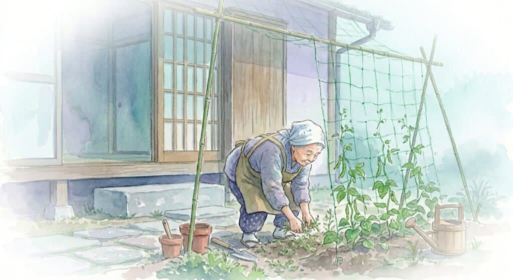 Watercolor of an old Japanese lady making an effort to weed her garden outside her home early in the morning. There is a small thin green hanging net in the scene where she has started growing her own string beans.