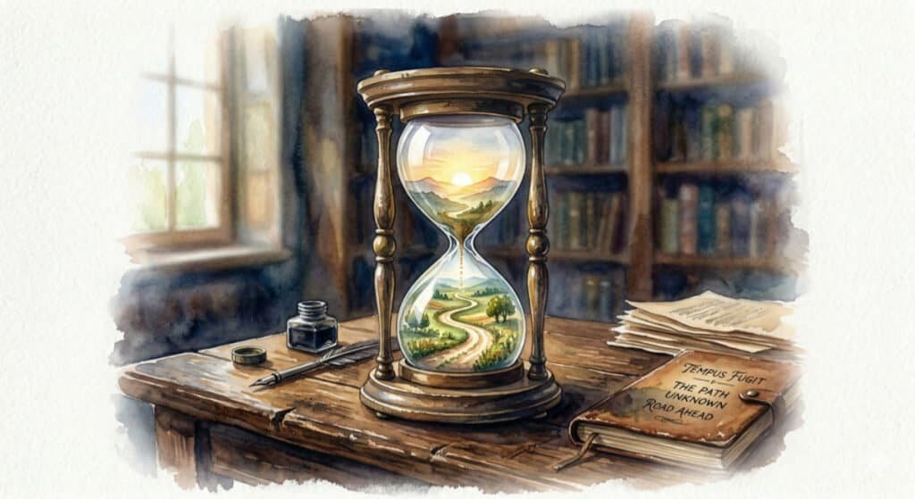 A watercolor painting of an antique hourglass resting on a wooden desk. The bottom glass contains a miniature, winding dirt road leading toward a distant, sunlit horizon. Visualizing the subtle passage of time and the silent triggers of a midlife crisis.