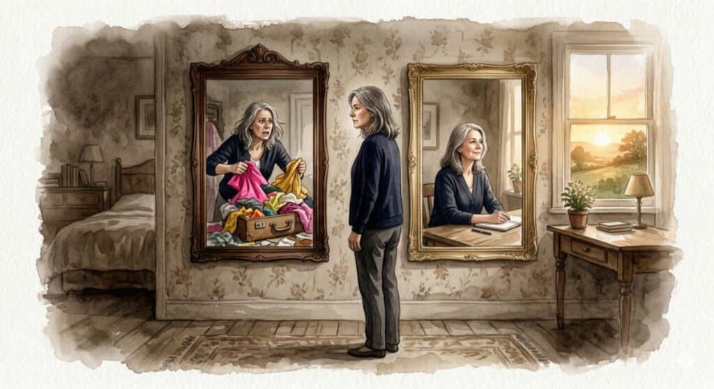 Watercolor of a middle-aged woman facing two mirrors. One reflection shows her panicked and stuffing mismatched items into a suitcase in a crisis, while the other shows her calmly sitting at a desk with a notebook and pen to plan a new path.