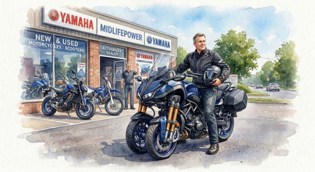 Watercolor of a middle-aged guy sitting on his new Yamaha Niken GT motorcycle outside a Yamaha motorcycle dealer named Midlifepower. The image symboiizes a potential midlife crisis or just a need for new chapters.
