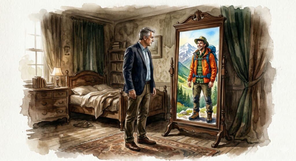 Watercolor painting of a middle-aged man looking in a mirror. He is dressed in sensible business casual attire. The reflection in the mirror, however, is a younger version of himself, vibrant, dressed in adventurous hiking gear with a wide grin – Symbolizing missing the past and possible signs of a midlife crisis.