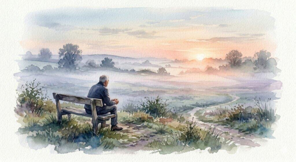 Watercolor landscape of a solitary older man sitting on a wooden bench, looking out over a quiet, misty field at dawn with warm morning light and a feeling of peaceful introspection.