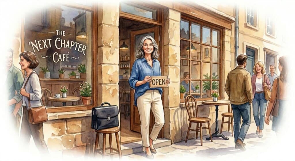 Watercolor of a smiling middle-aged woman standing in front of her new coffee shop – The Next Chapter Cafe, holding an OPEN sign.