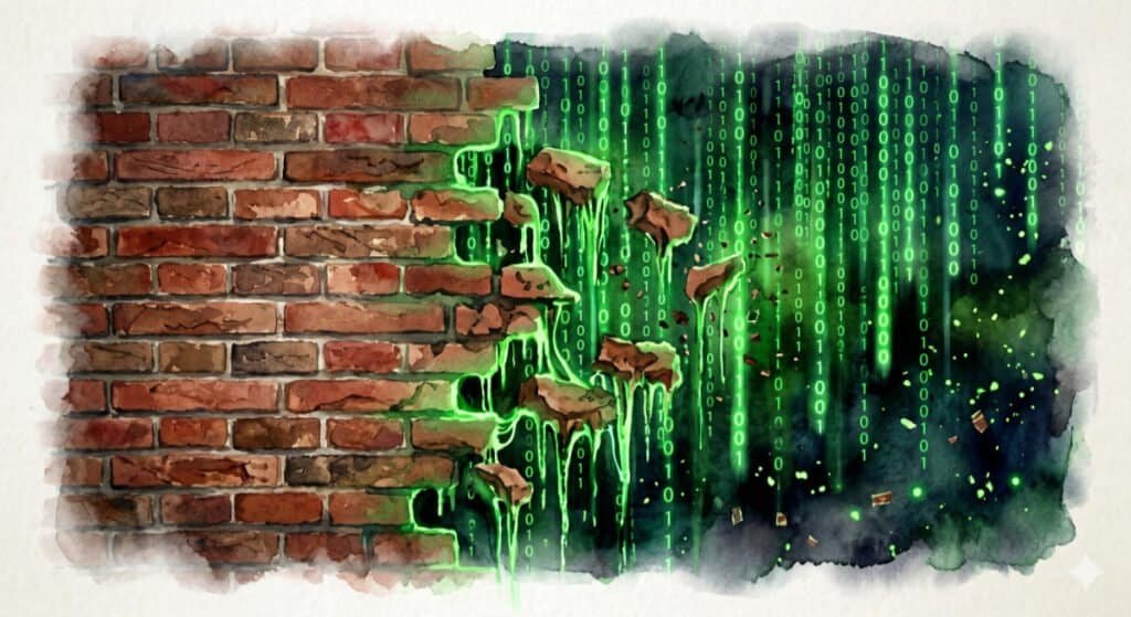 Watercolor image of physical brick wall glitching and revealing glowing matrix code behind. Investigating why are we here and what is this life all about.
