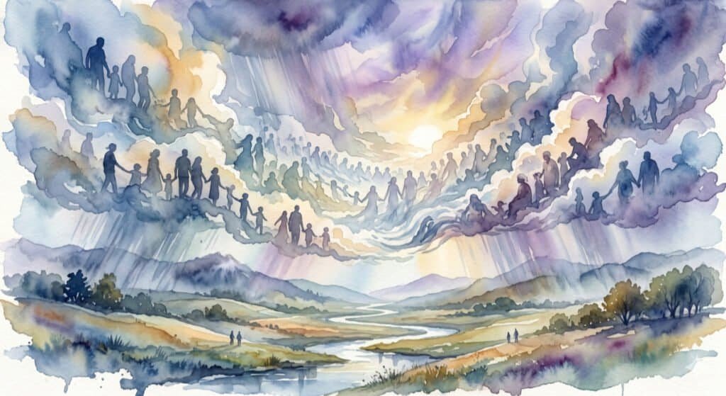 A sweeping, ethereal watercolor landscape blending the silhouettes of diverse people in the clouds and weather patterns, symbolizing collecting souls as a concept of why are we here?
