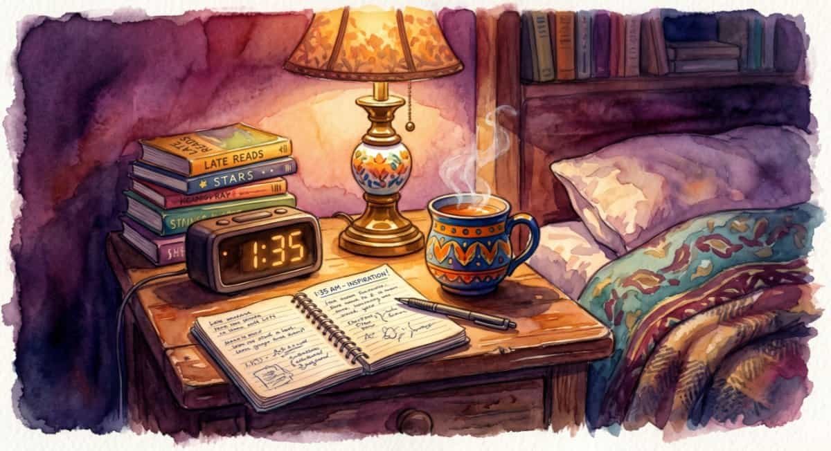 Watercolor of a bedside table at 1:35 AM, illuminated by a warm reading lamp. A digital clock glows softly with '1:35'. Next to it rests a steaming, colorful ceramic mug of tea and an open, messy notebook with a pen, suggesting a sudden burst of late-night inspiration.