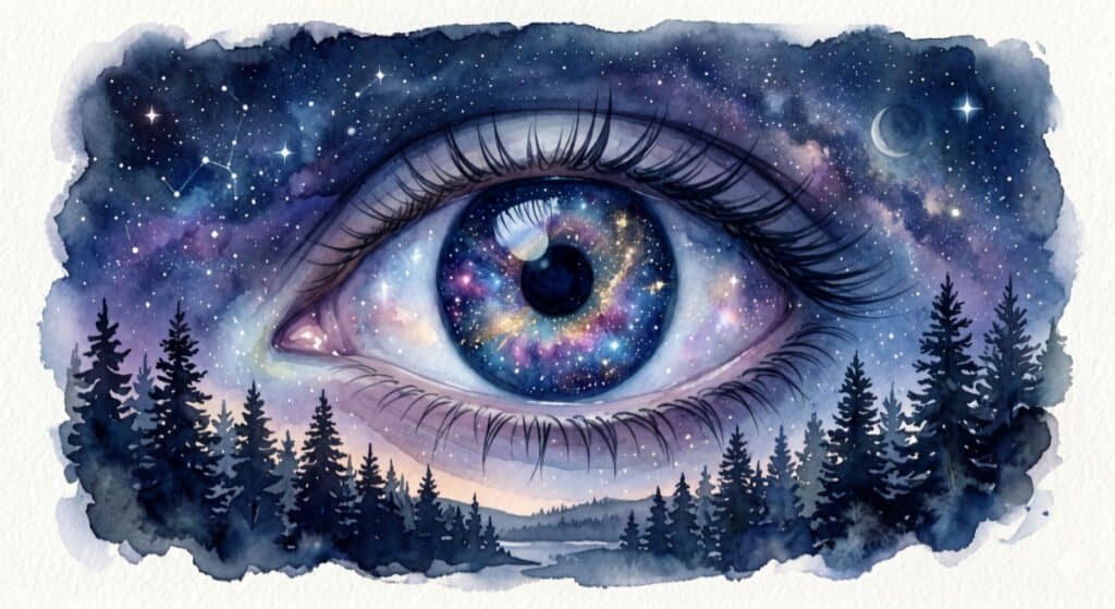 Ethereal watercolor of a giant, beautiful human eye softly blending into a starry night sky. The iris of the eye is a swirling, colorful cosmic galaxy of deep blues, vibrant purples, and glowing gold dust.