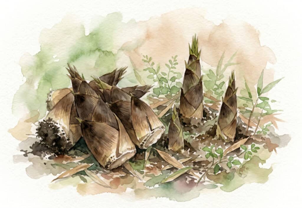 Watercolor of a few freshly dug takenoko next to sprouting shoots. A small reward for making an effort.