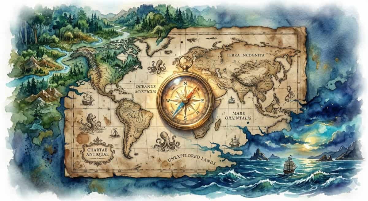 Watercolor painting of an antique map with uncharted lush forests, oceans, and compass, symbolizing new adventures for a midlife crisis.