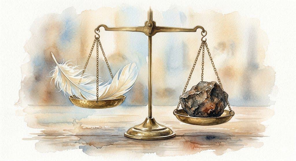 Watercolour of a delicate balance scale with a light feather and heavy stone. A healthy delusion could lead to a dream or the cost of failure.