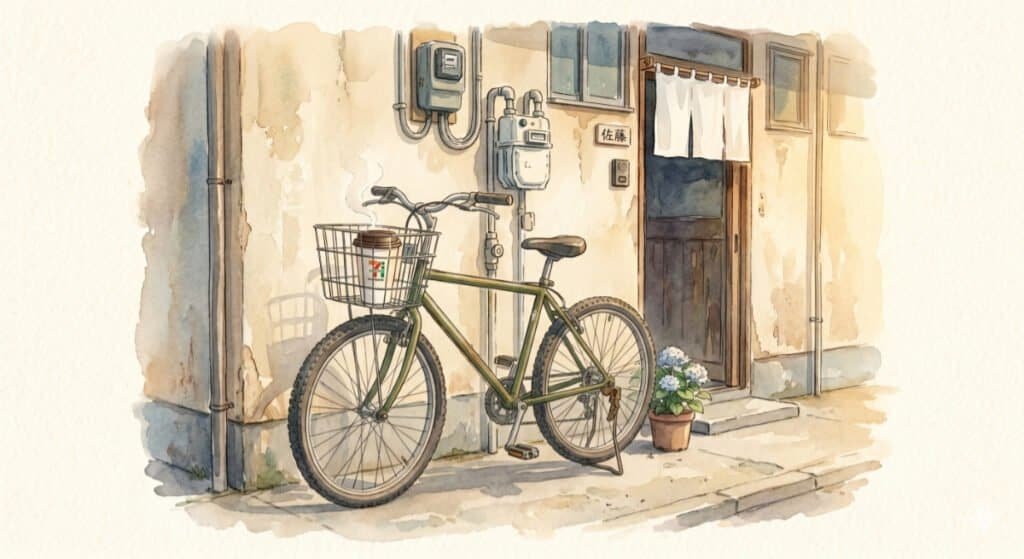Watercolour of a bicycle leaning against a dated Japanese apartment wall . Choosing the life that fits doesn't always look stylish.