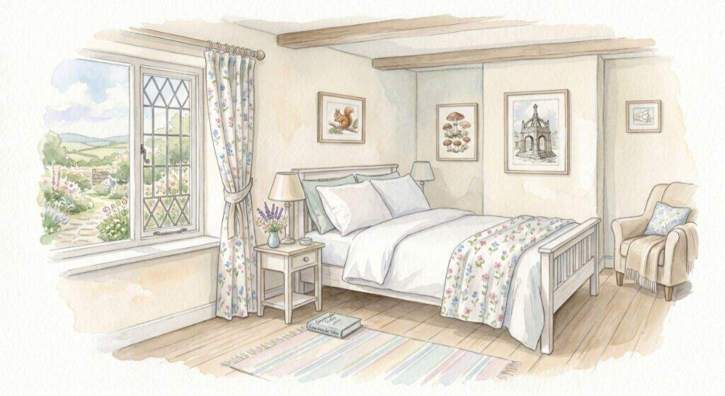 Watercolour of a comfortable, pristine bedroom in a British countryside bungalow. A living space you might consider when choosing the life that fits.