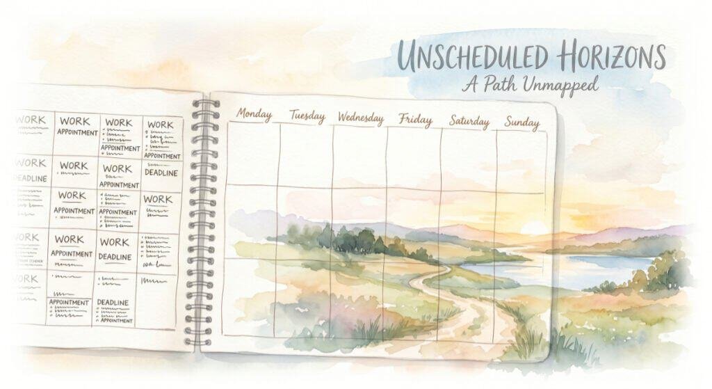 A watercolour illustration of a blank, open calendar page. The calendar has several consecutive days clearly empty, visualizing the concept of 'unscheduled horizons' and not being busy.
