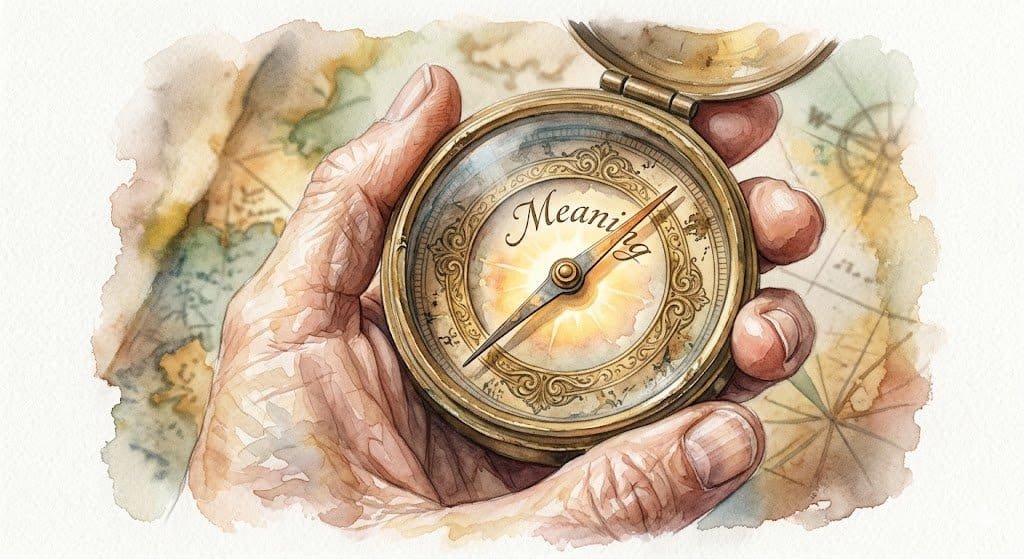 Watercolour of a hand holding an ancient, slightly worn compass. The needle points towards "Meaning." This reinforces the message of intrinsic motivation over outcome.