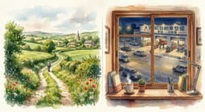 Watercolour of a quiet British countryside VS a working class urban living space in Japan.