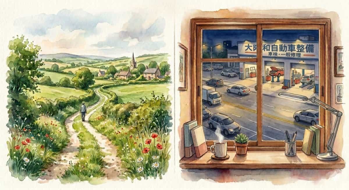 Watercolour of a quiet British countryside VS a working class urban living space in Japan.