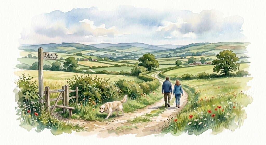A watercolour scene of a man and woman walking in the calm, open British countryside with their dog, and an example of choosing the life that fits them.