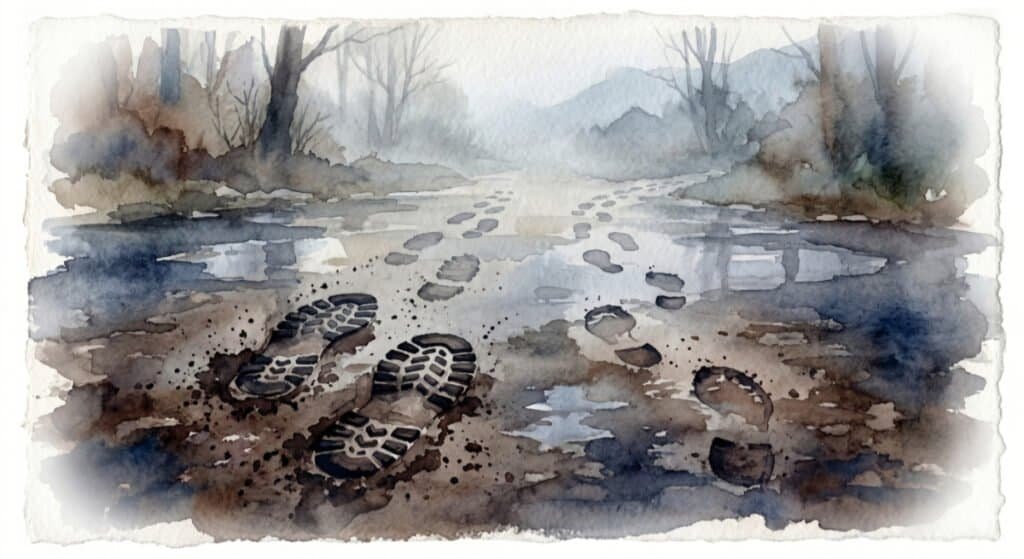A watercolour illustration depicting two distinct sets of footprints in soft, muddy surface, finally diverging.