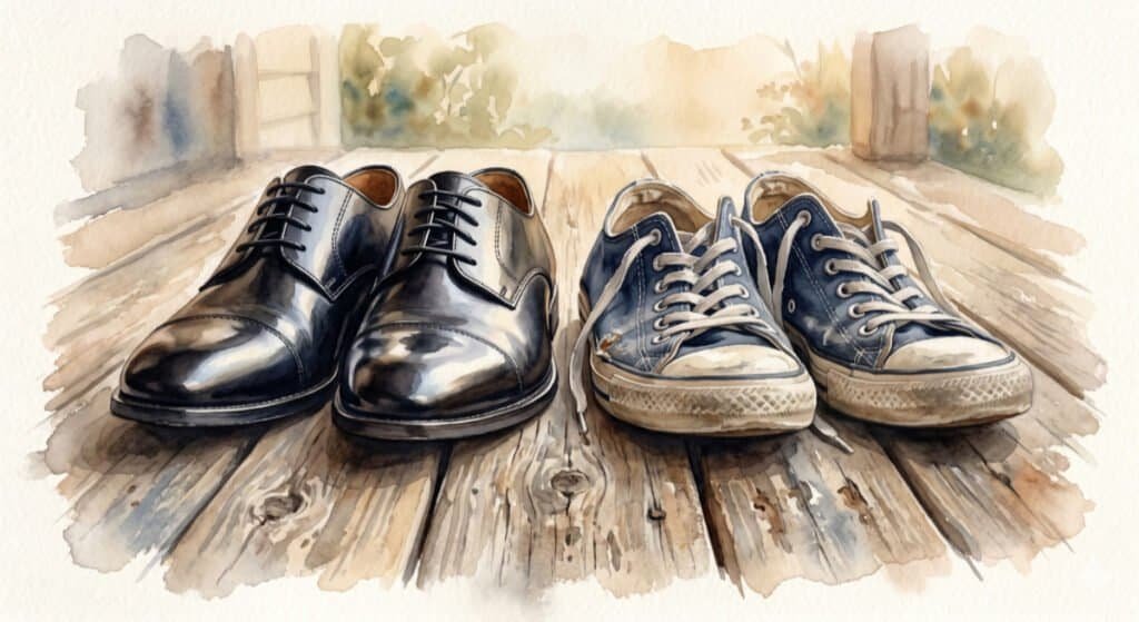Stiff, shiny new dress shoes beside an inviting well-worn, scuffed, and perfectly broken-in pair of sneakers – in watercolour style.