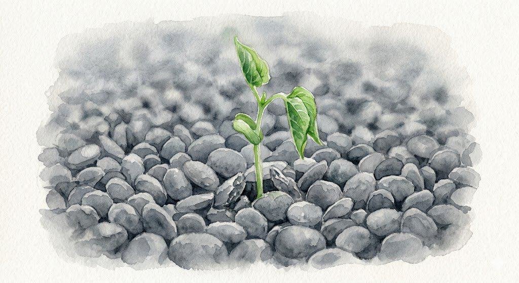 Watercolour landscape of uniform, tightly packed, gray pebbles. In the center, a single, delicate green sprout is pushing up, its leaves slightly folded as if hesitating.