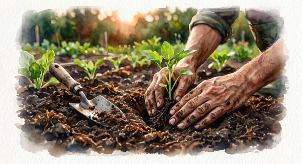 A watercolor painting of hands planting vibrant green seedlings, repesenting a fulfilling and satisfying way of being busy.