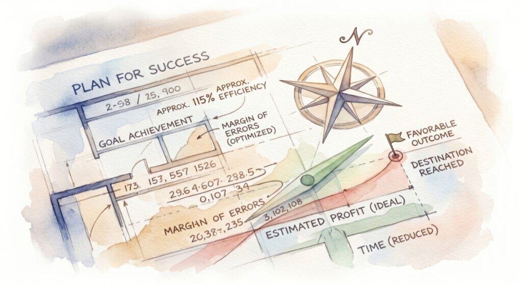 A watercolour illustration of a Plan for Success chart with idealized target figures and compass pointing slightly off north, hinting at either over optimism or a healthy delusion.