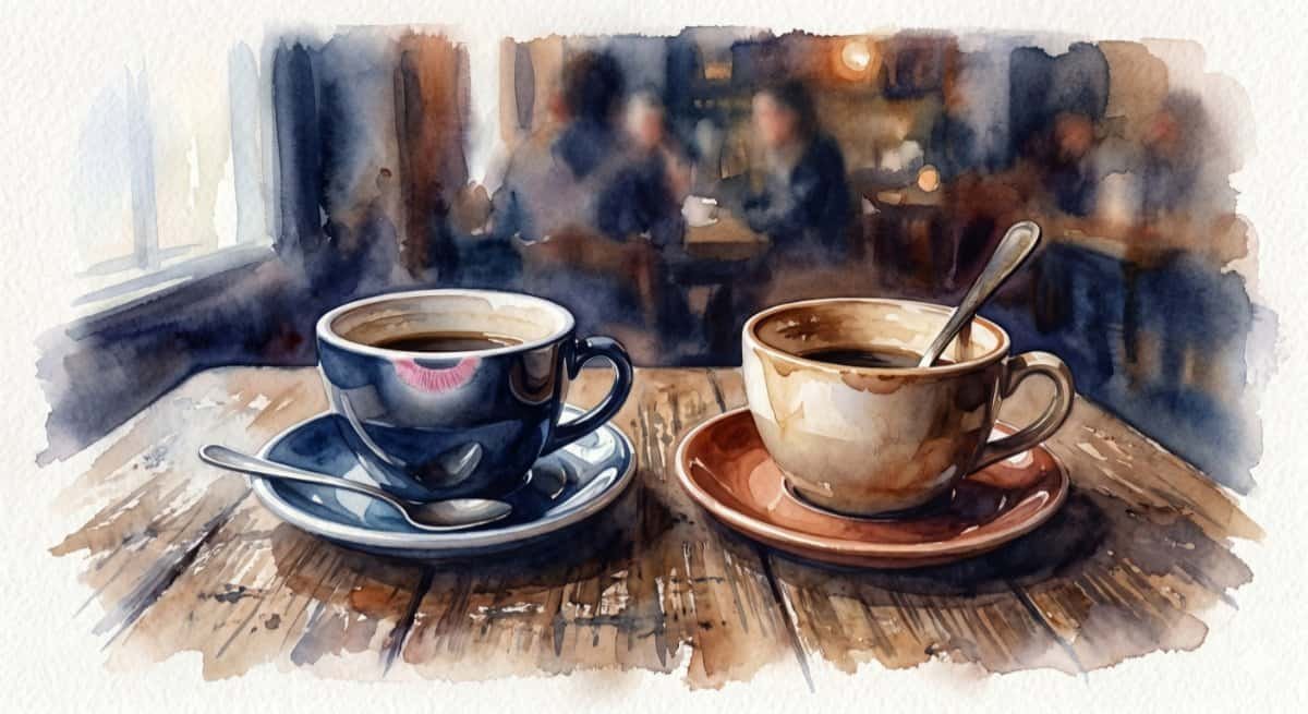 Watercolour of two half-empty coffee cups on a worn wooden table, one with a lipstick mark.