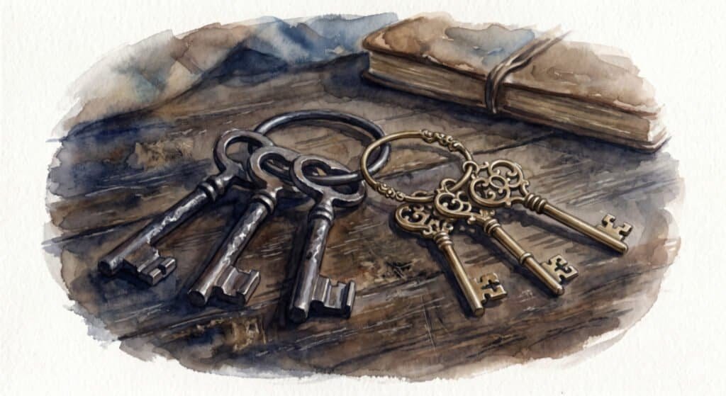 A watercolour illustration of two distinct sets of antique keys resting on a worn, dark wooden table. One set heavy, dark iron, utilitarian keys; the other delicate, ornate brass keys with a distinct "his and hers" contrast. The different sets emphasise different values and different locks.