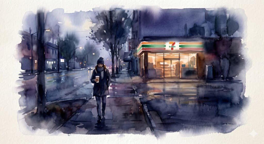 A watercolor illustration of a solitary figure walking away from a 7-Eleven convenience store along a dimly lit early morning street holding a cup of coffee.