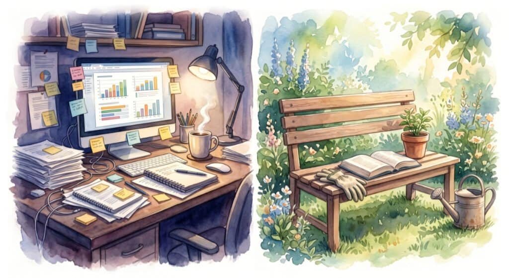 A watercolor illustration of a split scene. showing a cluttered home office desk overflowing with papers, a lit computer screen showing charts, and a steaming coffee mug, symbolizing the pressure to be constantly 'on.' The right side contrasts this with a simple wooden bench in a calm garden setting, where an open book and gardening gloves rest beside a small potted plant, exemplifying purposeful rest.