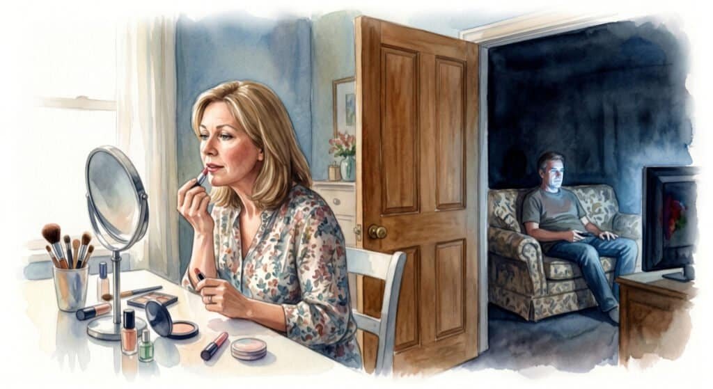 Watercolour of a wife putting on makeup to make an effort, while her husband is engrossed in watching the TV.