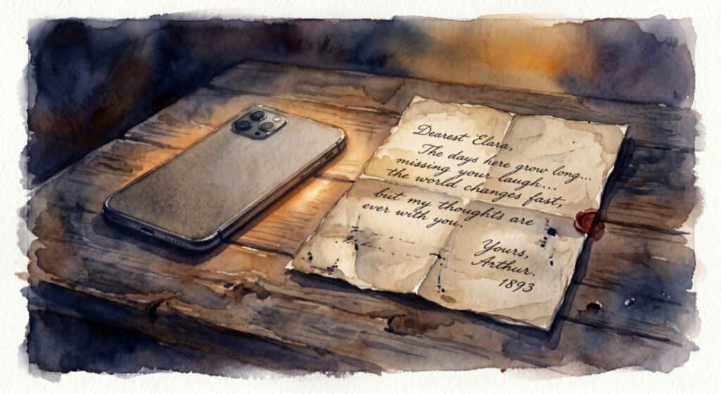 A watercolour of a modern smartphone face down on a desk next to an old-school written letter, contrasting a difference of communication style or history.