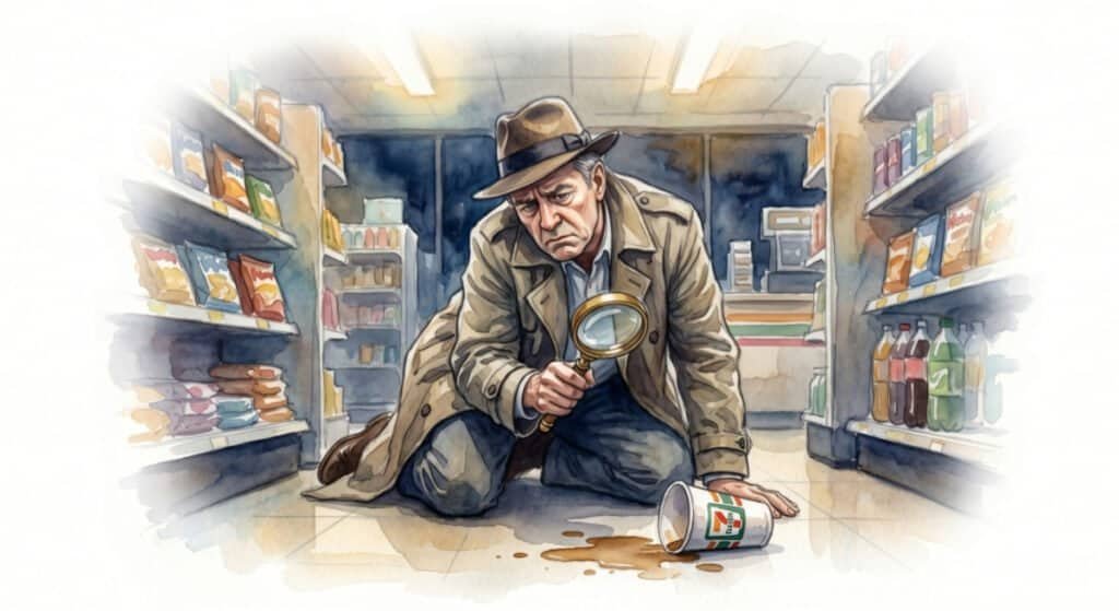 Maybe I’m Not Having a Breakthrough. Maybe I’m Just Tired. Watercolour of a pensive older, weary noir-style detective in a dimly lit convenience store aisle. He is on his knees, holding a magnifying glass to the floor examining a small puddle of spilled 7-Eleven coffee, symbolizing his need for finding meaning in everything.