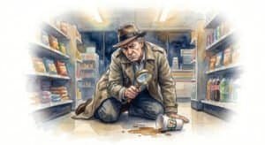 Watercolour of a pensive older, weary noir-style detective in a dimly lit convenience store aisle. He is on his knees, holding a magnifying glass to the floor examining a small puddle of spilled 7-Eleven coffee, symbolizing his need for finding meaning in everything.
