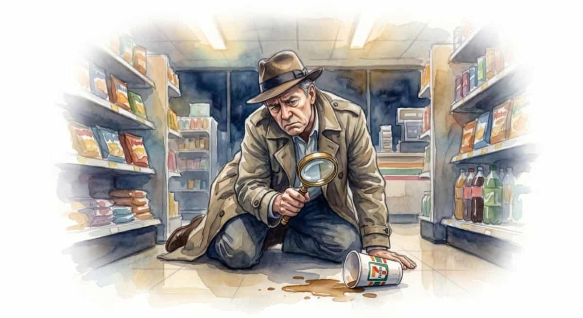 Watercolour of a pensive older, weary noir-style detective in a dimly lit convenience store aisle. He is on his knees, holding a magnifying glass to the floor examining a small puddle of spilled 7-Eleven coffee, symbolizing his need for finding meaning in everything.