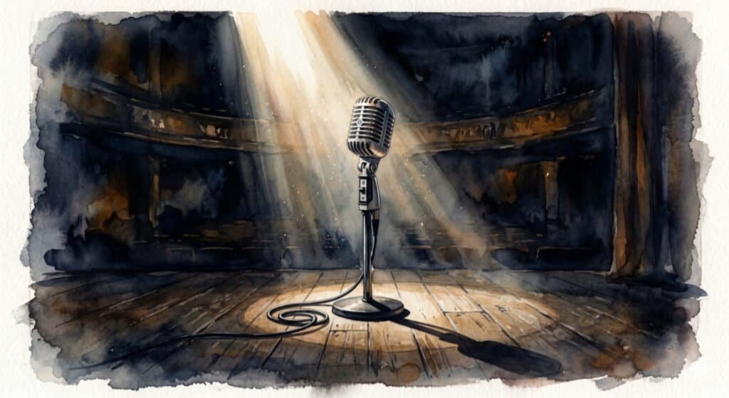 Watercolour of a vintage microphone standing alone on a worn wooden stage in an empty, quiet theater. A single, powerful spotlight beams down from above, illuminating the microphone.