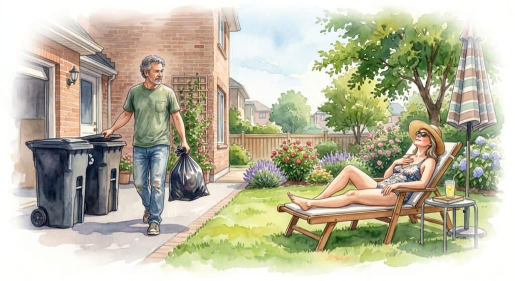 Watercolor of husband happily taking out the trash while his wife sunbathes, symbolizing his way of showing love and support, but do men and women love differently?