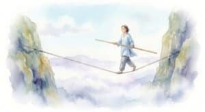 A watercolor scene of a female calmly walking a tighrope between two cliffs. There's no safety net, yet they have a calm expression. Perhaps they have a healthy delusion of success.