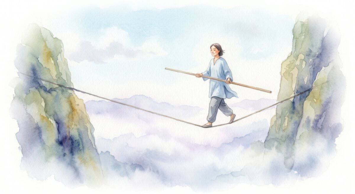 A watercolor scene of a female calmly walking a tighrope between two cliffs. There's no safety net, yet they have a calm expression. Perhaps they have a healthy delusion of success.