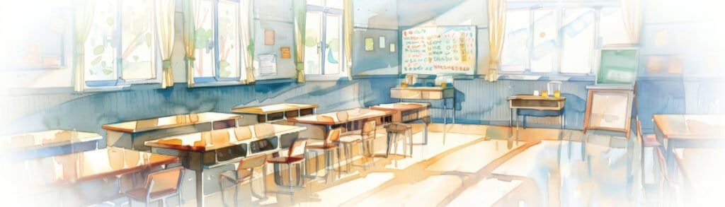A watercolour illustration of a Japanese classroom.