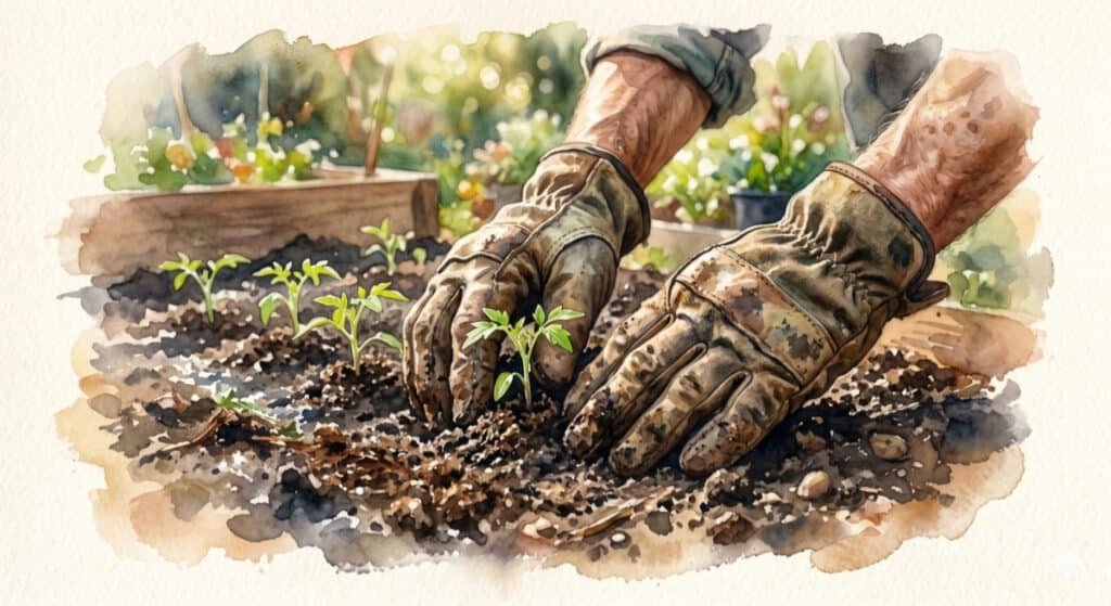 Watercolour close-up of older hands in work gloves gently tending small green seedlings in muddy, rich soil.