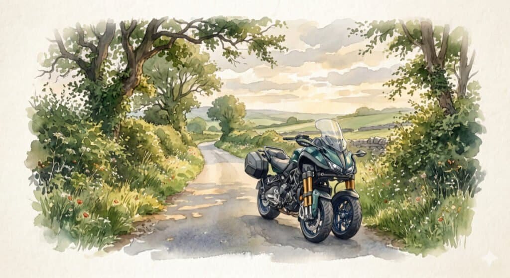 A Yamaha Niken GT motorcycle parked alone on a quiet, pristine British country lane bordered by hedgerows and old trees, in watercolour.