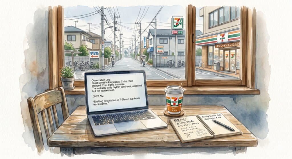 A watercolor image showing an open laptop writing about life, beside a window looking out onto actual real life.