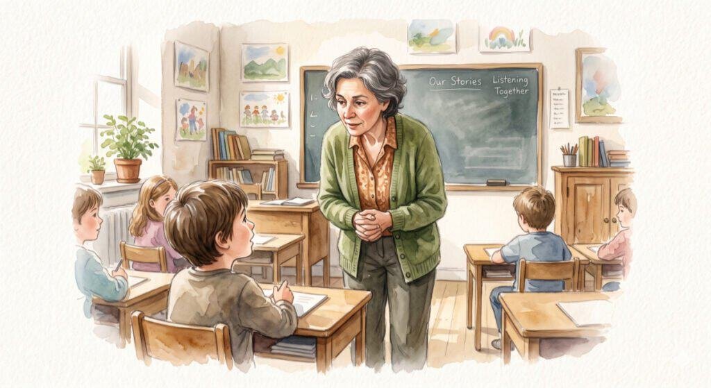 Watercolour of a middle-aged female teacher at the front of a small classroom, listening attentively to a young student speaking.
